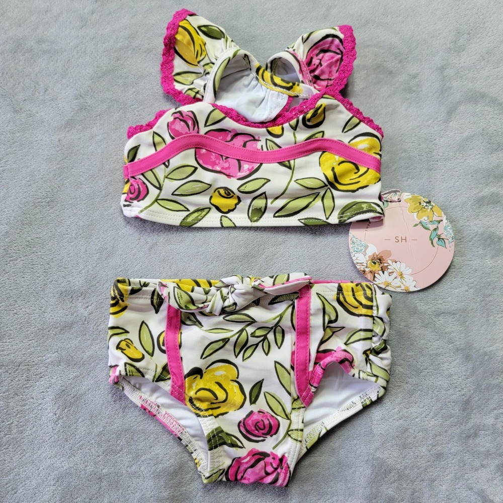 SweetHoney Baby Girl 6M Floral Two Piece Swimsuit Ruffle Crochet Trim NEW